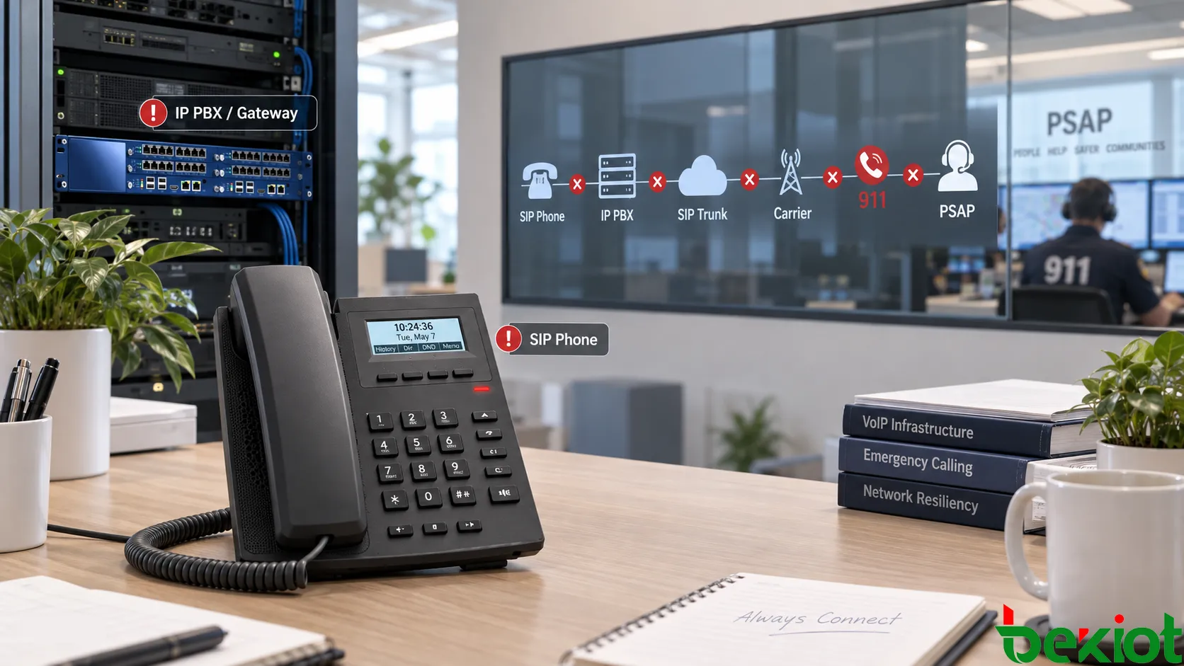 從SIP電話、企業網路、IP PBX和SIP中繼,經電信業者與911路由到PSAP的端到端VoIP緊急呼叫路徑,展示本地、電信業者和緊急服務三個獨立故障域