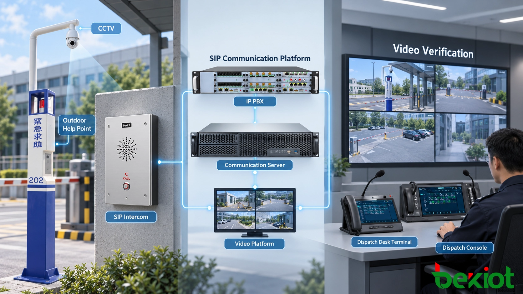 SIP 緊急對講與 CCTV 影像核實系統整合示意