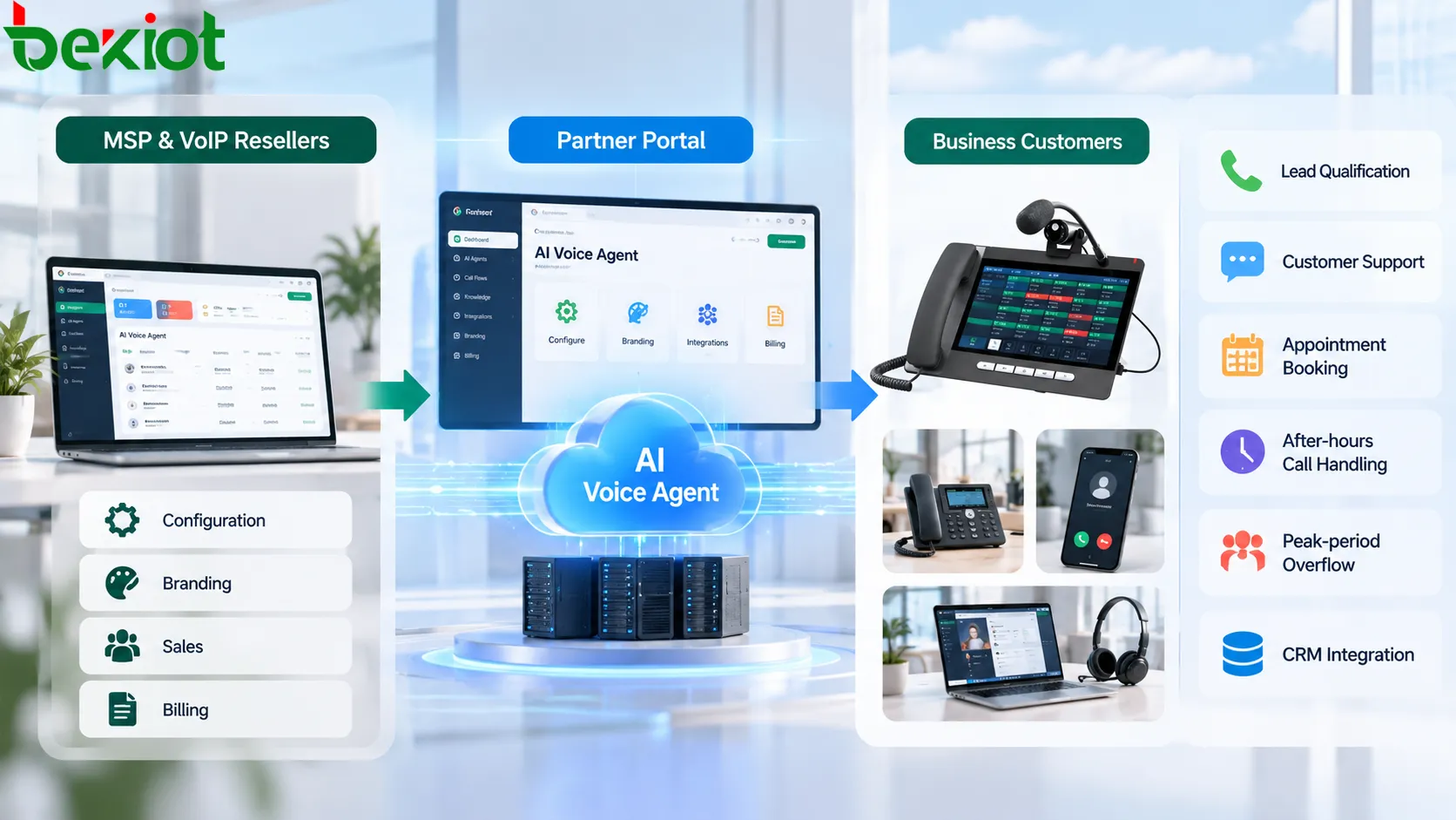 Voip Unlimited AI Agent 由 MSP 和 VoIP 經銷商透過合作夥伴入口網站設定、以自有品牌提供服務並計費,再作為 AI 語音服務交付給企業客戶