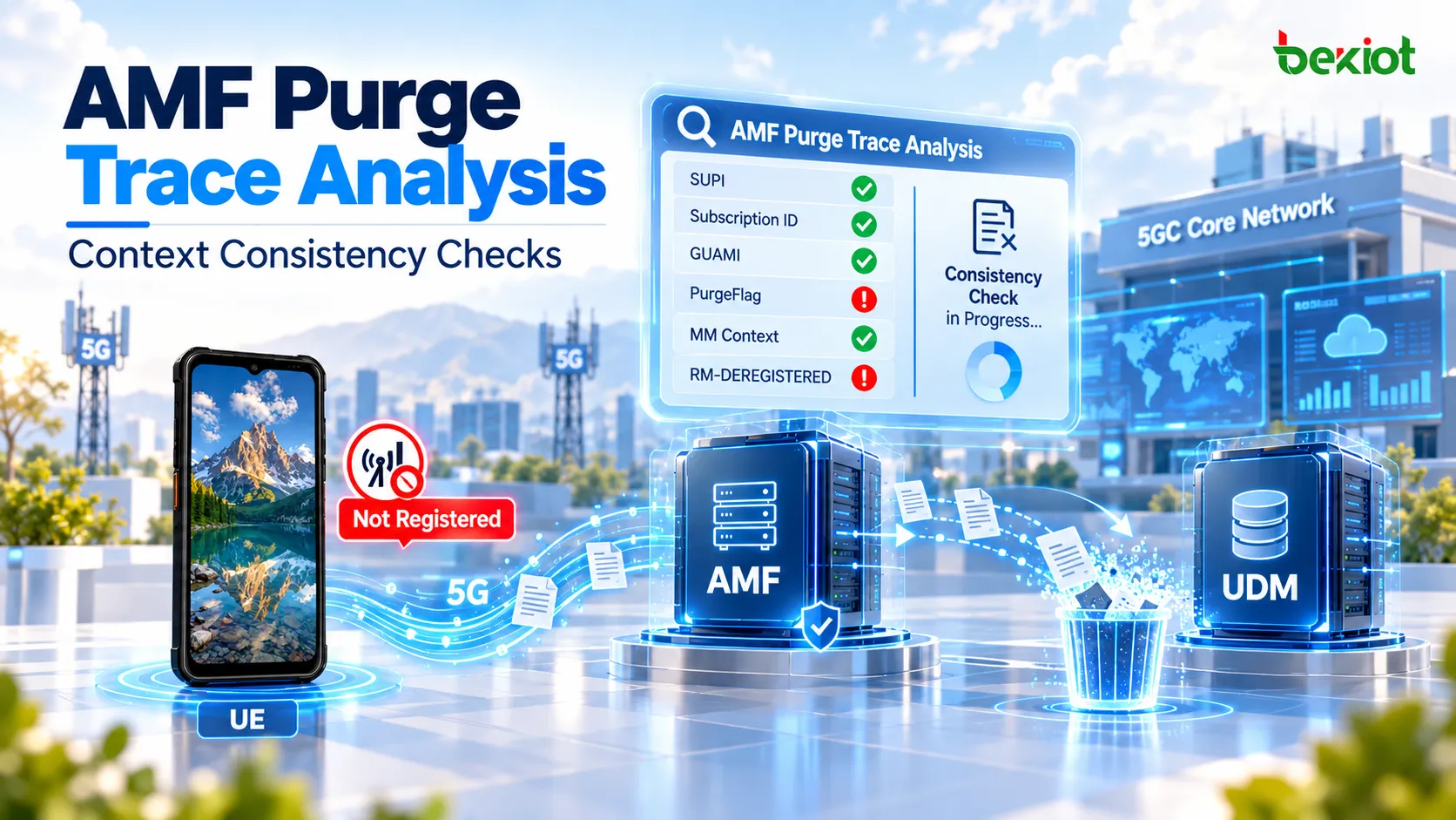 5GC AMF Purge 流程:AMF 先呼叫 Nudm SDM Unsubscribe 介面 移除 UDM 的用戶資料訂閱,再使用 GUAMI 與 PurgeFlag 執行 Nudm UECM Deregistration