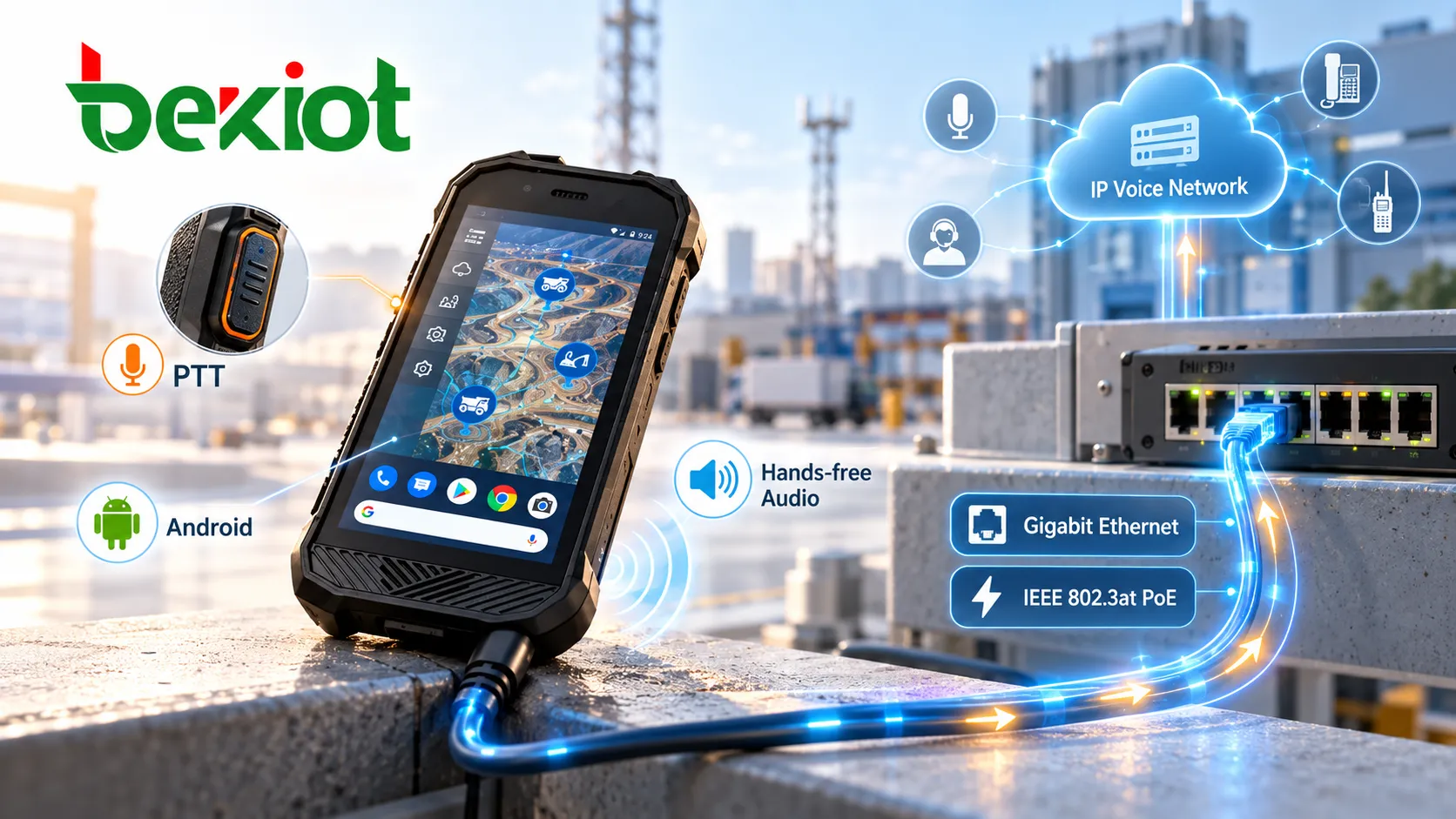 SVA 500 透過 Gigabit 乙太網路和 IEEE 802.3at PoE 連接 IP 語音網路,並利用實體 PTT 按鈕、Android 軟體和免持音訊功能開展現場通訊