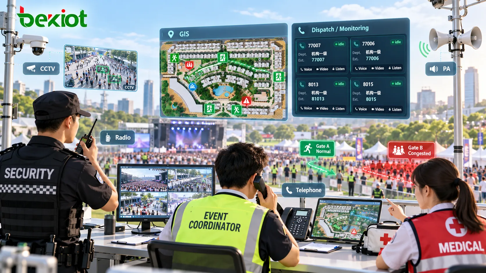 大型集會指揮中心利用CCTV、GIS地圖、無線電、電話及公共廣播系統即時監測人群密度和出口狀態，並調度安保、醫療與現場人員